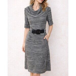 Tiana B Women Medium Gray Knitted Short Sleeve Belted Sweater Dress